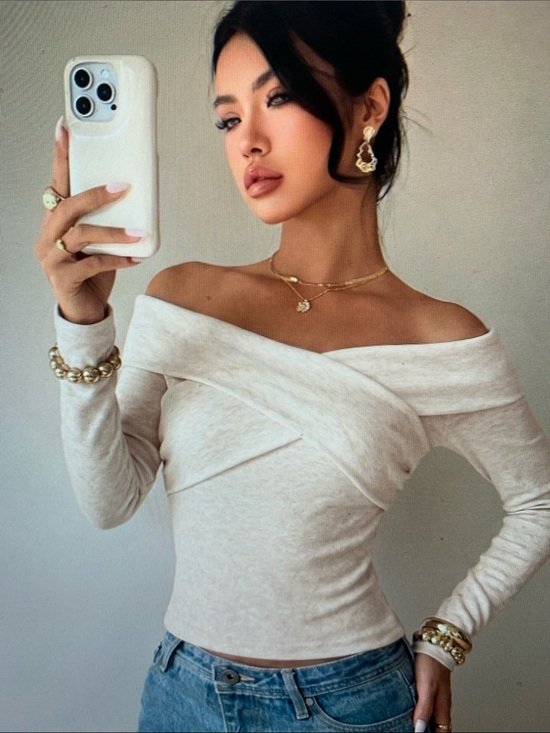 Sweaters - Off-Shoulder Wrap Front Long Sleeve Sweater Top - Cream